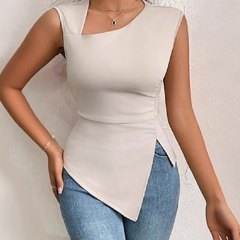 Határokon átnyúló 2025 Amazon női európai és amerikai új, szabálytalan, szellőző szegélyű, ferde gallérú, karcsúsított, rövid, egyszínű, ujjatlan ruha