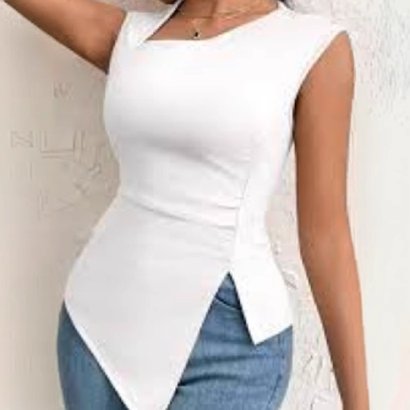 Határokon átnyúló 2025 Amazon női európai és amerikai új, szabálytalan, szellőző szegélyű, ferde gallérú, karcsúsított, rövid, egyszínű, ujjatlan ruha