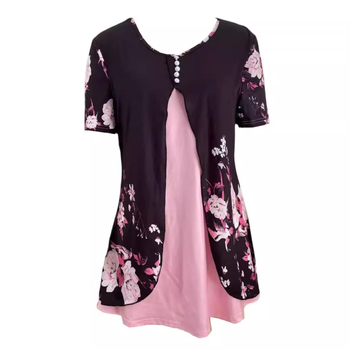 Határokon átnyúló európai és amerikai Amazon Temu nyári új női virágmintás kerek nyakú hamis kétrészes gombos rövid ujjú póló