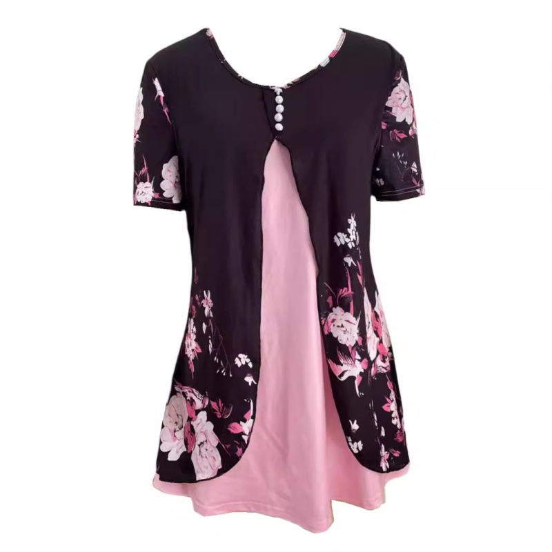 Határokon átnyúló európai és amerikai Amazon Temu nyári új női virágmintás kerek nyakú hamis kétrészes gombos rövid ujjú póló