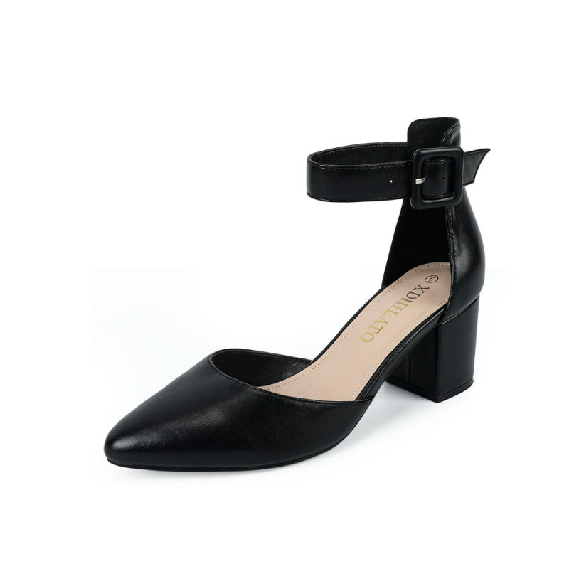 Sandale de vară cu toc înalt pentru femei, stil european și american, mărime mare, vârf ascuțit, toc gros, pantofi simpli de damă negri cu o singură curea