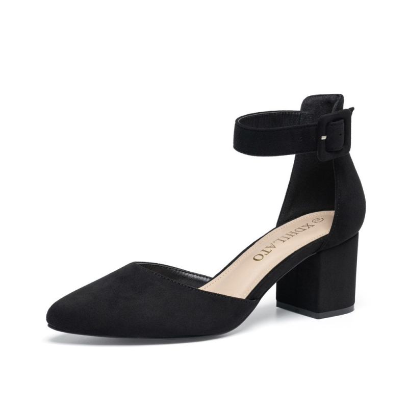 Sandale de vară cu toc înalt pentru femei, stil european și american, mărime mare, vârf ascuțit, toc gros, pantofi simpli de damă negri cu o singură curea