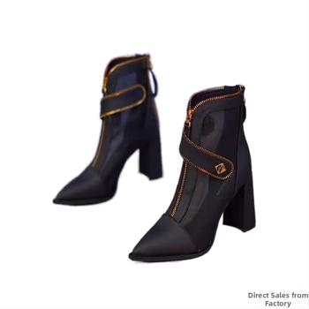 Márkás cipők hegyes, vastag sarokkal, lélegző bokacsizma női 2024 tavaszi új elöl cipzáras hálós üreges magas sarkú vékony Cui Wei