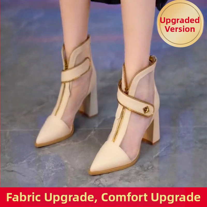 Márkás cipők hegyes, vastag sarokkal, lélegző bokacsizma női 2024 tavaszi új elöl cipzáras hálós üreges magas sarkú vékony Cui Wei