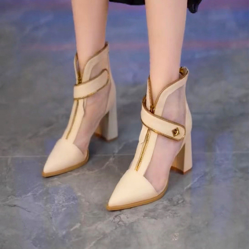 Márkás cipők hegyes, vastag sarokkal, lélegző bokacsizma női 2024 tavaszi új elöl cipzáras hálós üreges magas sarkú vékony Cui Wei