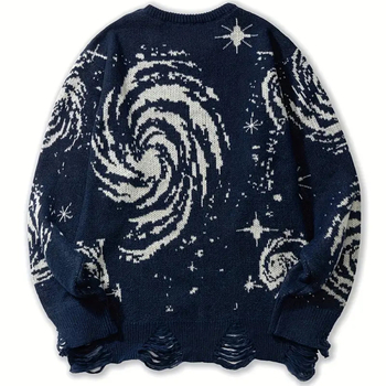 Pulover jacquard cu stele cosmice în stil american, zdrențuit, pentru bărbați și femei, cu tiv și ciucuri, tricotaje de primăvară și toamnă