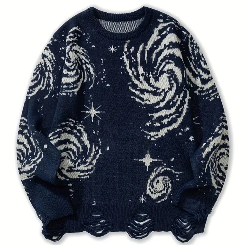 Amerikietiško stiliaus „Cosmic Star“ žakardo suplyšęs megztinis vyrams ir moterims, tendencija, apsiuvas, kutais, „Sense“ megztinis, pavasariui ir rudeniui.