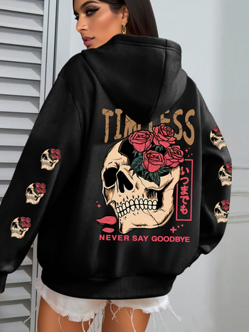 Osim Koponya és Virágmintás Kapucnis Pulóver, Lezser Kenguruzsebes Húzózsinóros Hosszú Ujjú Kapucnis Pulóver, Fekete