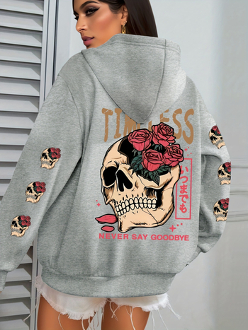 Osim Koponya és Virágmintás Kapucnis Pulóver, Lezser Kenguruzsebes Húzózsinóros Hosszú Ujjú Kapucnis Pulóver, Fekete