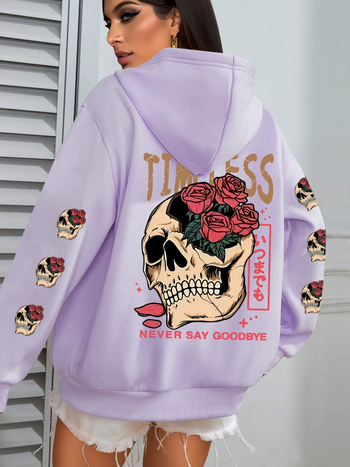 Osim Koponya és Virágmintás Kapucnis Pulóver, Lezser Kenguruzsebes Húzózsinóros Hosszú Ujjú Kapucnis Pulóver, Fekete