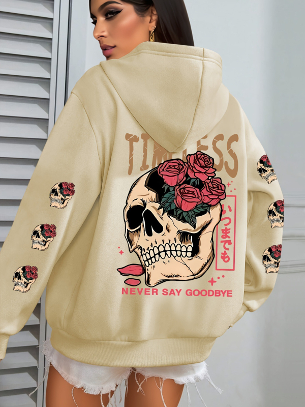 Osim Koponya és Virágmintás Kapucnis Pulóver, Lezser Kenguruzsebes Húzózsinóros Hosszú Ujjú Kapucnis Pulóver, Fekete