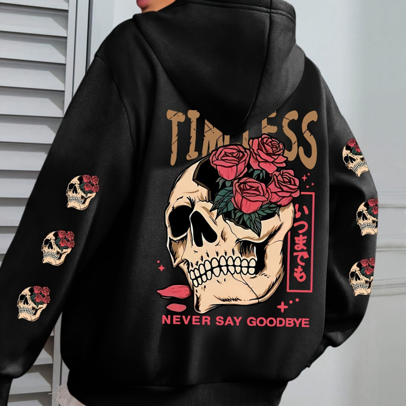 Osim Koponya és Virágmintás Kapucnis Pulóver, Lezser Kenguruzsebes Húzózsinóros Hosszú Ujjú Kapucnis Pulóver, Fekete