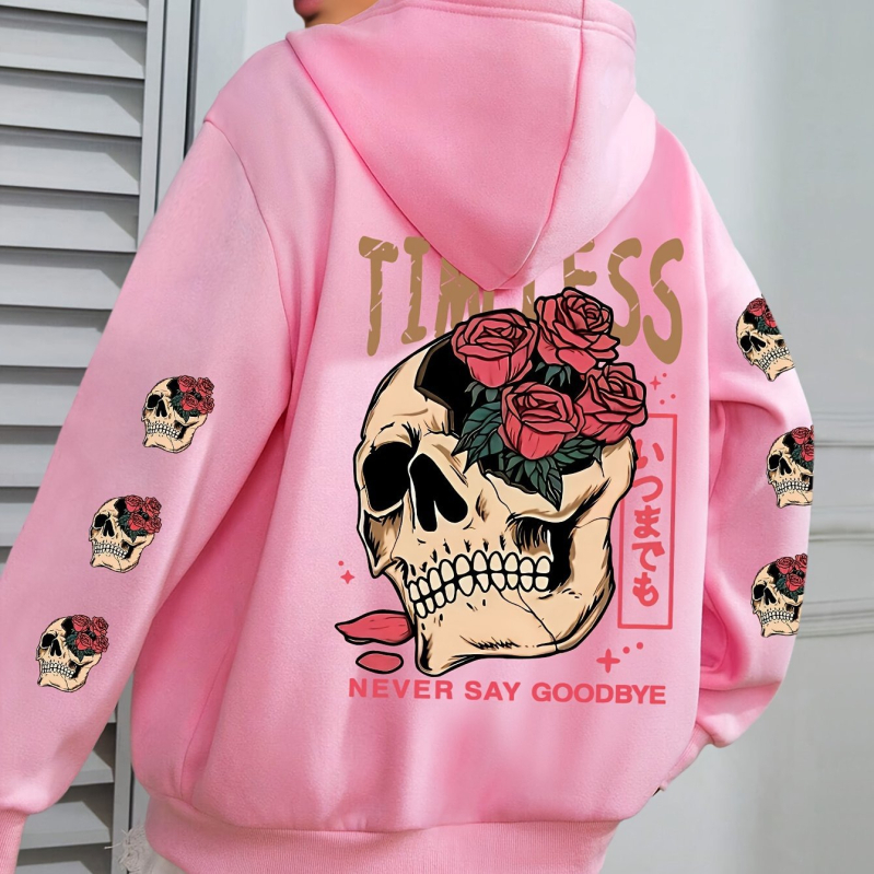 Osim Koponya és Virágmintás Kapucnis Pulóver, Lezser Kenguruzsebes Húzózsinóros Hosszú Ujjú Kapucnis Pulóver, Fekete