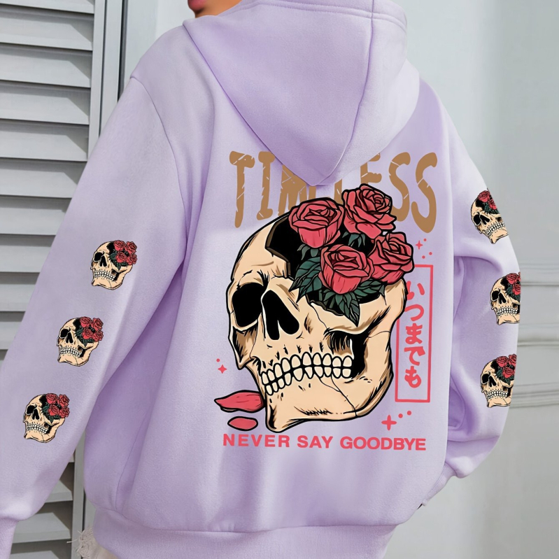 Osim Koponya és Virágmintás Kapucnis Pulóver, Lezser Kenguruzsebes Húzózsinóros Hosszú Ujjú Kapucnis Pulóver, Fekete