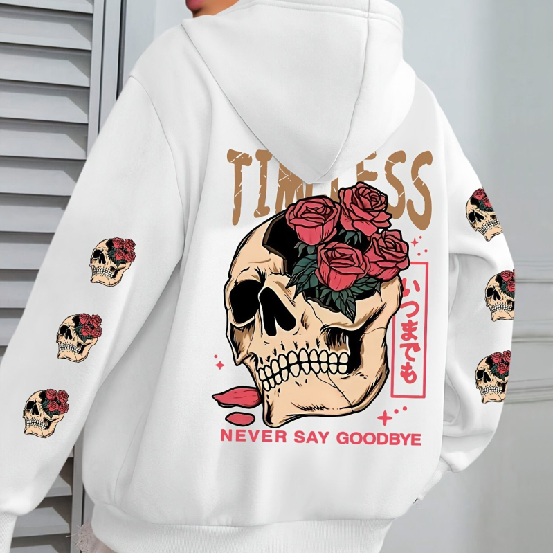 Osim Koponya és Virágmintás Kapucnis Pulóver, Lezser Kenguruzsebes Húzózsinóros Hosszú Ujjú Kapucnis Pulóver, Fekete