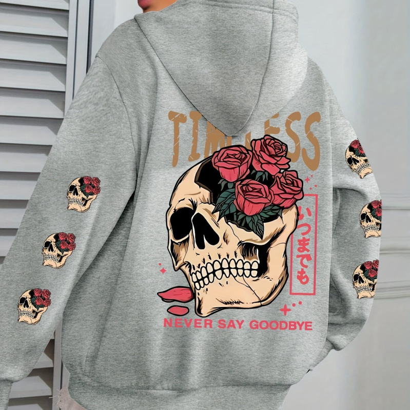 Osim Koponya és Virágmintás Kapucnis Pulóver, Lezser Kenguruzsebes Húzózsinóros Hosszú Ujjú Kapucnis Pulóver, Fekete