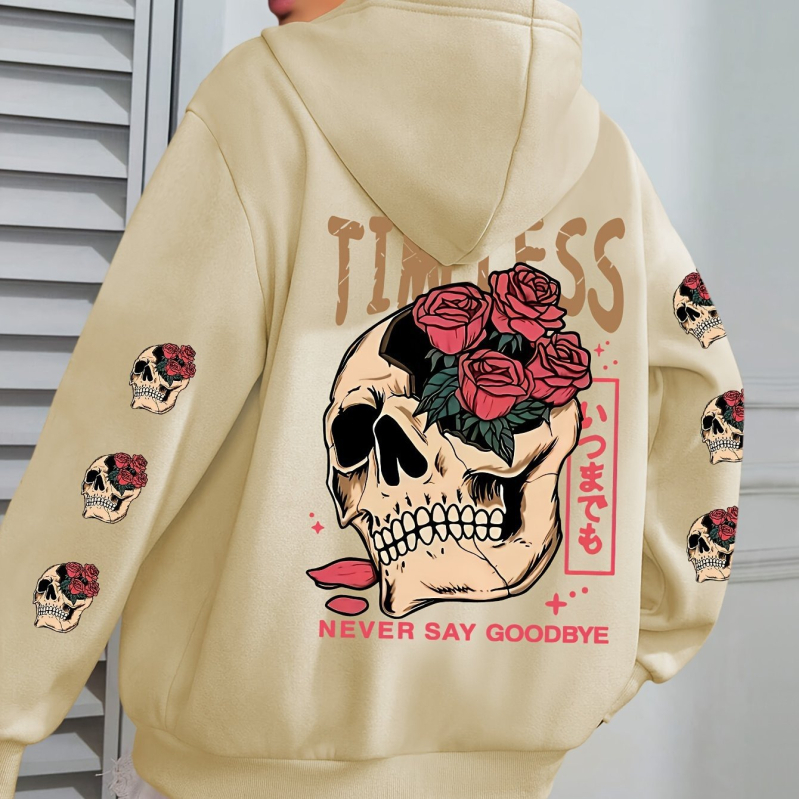 Osim Koponya és Virágmintás Kapucnis Pulóver, Lezser Kenguruzsebes Húzózsinóros Hosszú Ujjú Kapucnis Pulóver, Fekete