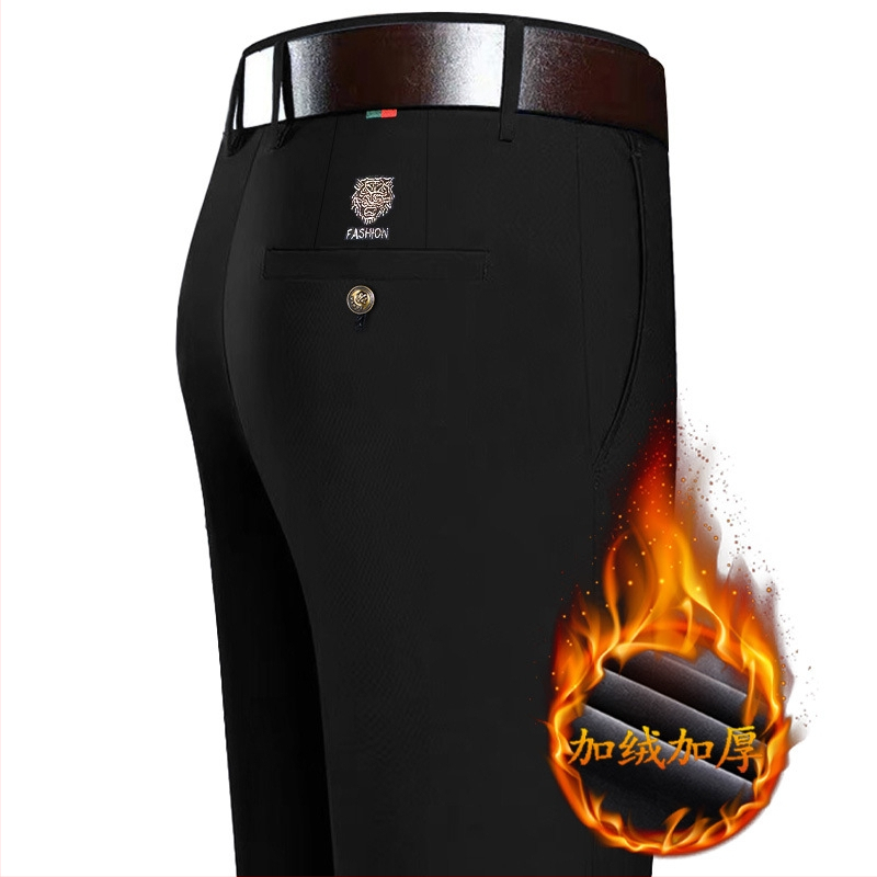 Jesenné a zimné flísom podšité ležérne nohavice pánske rovné biznis strečové pánske nohavice s vyšívanou tigrou hlavou v kórejskom štýle pre stredného a mladého muža so štyrmi stranami