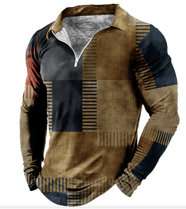 Új export Amazon határokon átnyúló ellátás 3D nyomtatott hajtókás hosszú ujjú cipzáras póló férfi hosszú ujjú póló férfi ruházat