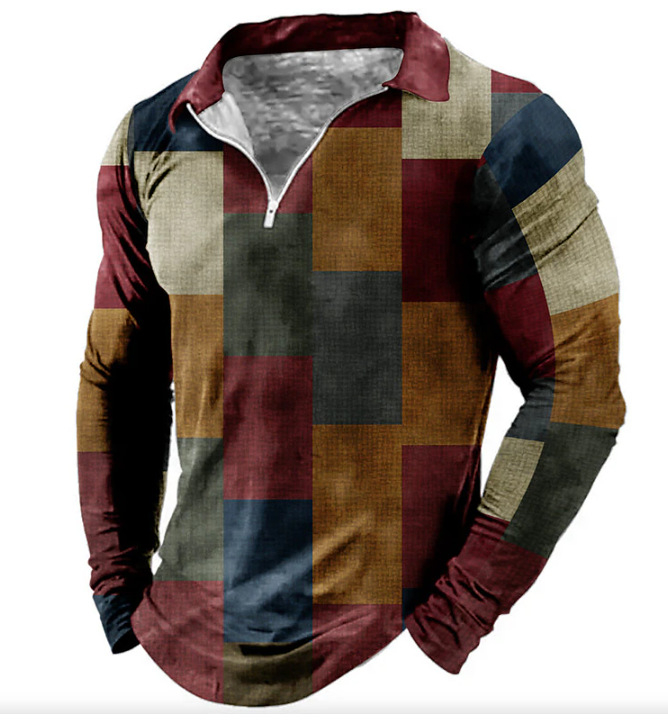 Új export Amazon határokon átnyúló ellátás 3D nyomtatott hajtókás hosszú ujjú cipzáras póló férfi hosszú ujjú póló férfi ruházat