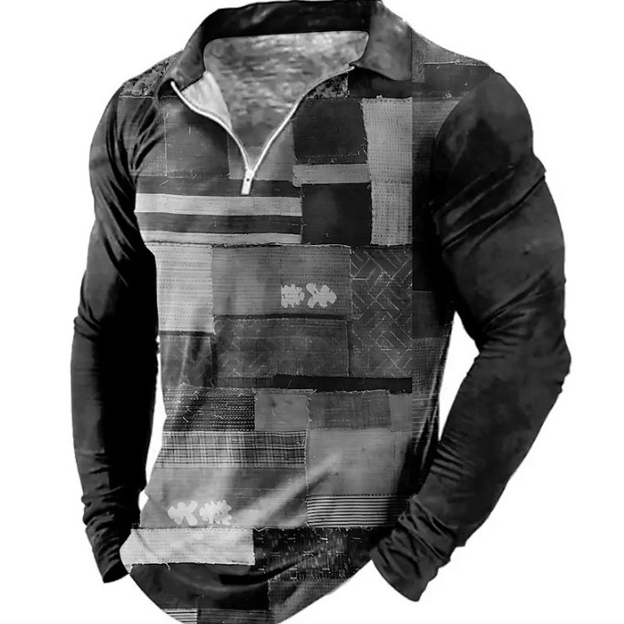 Új export Amazon határokon átnyúló ellátás 3D nyomtatott hajtókás hosszú ujjú cipzáras póló férfi hosszú ujjú póló férfi ruházat