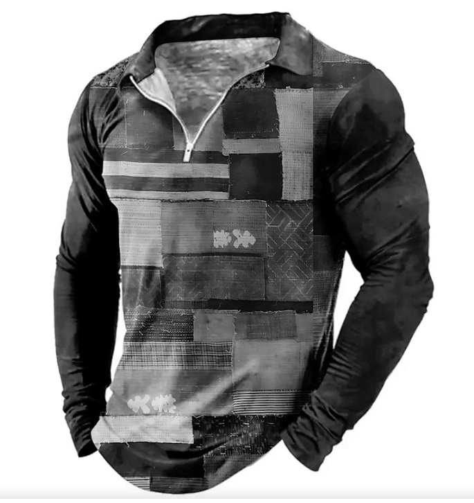 Új export Amazon határokon átnyúló ellátás 3D nyomtatott hajtókás hosszú ujjú cipzáras póló férfi hosszú ujjú póló férfi ruházat