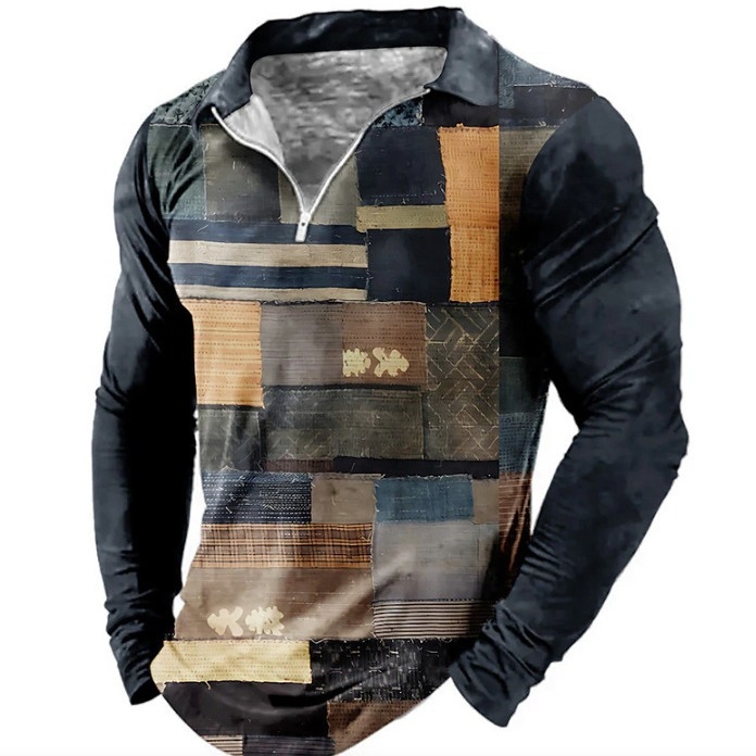 Új export Amazon határokon átnyúló ellátás 3D nyomtatott hajtókás hosszú ujjú cipzáras póló férfi hosszú ujjú póló férfi ruházat