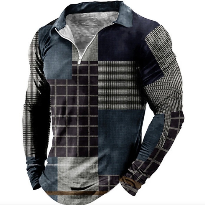 Új export Amazon határokon átnyúló ellátás 3D nyomtatott hajtókás hosszú ujjú cipzáras póló férfi hosszú ujjú póló férfi ruházat