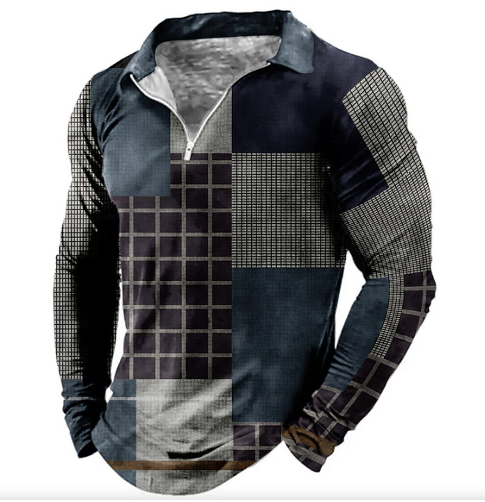 Új export Amazon határokon átnyúló ellátás 3D nyomtatott hajtókás hosszú ujjú cipzáras póló férfi hosszú ujjú póló férfi ruházat