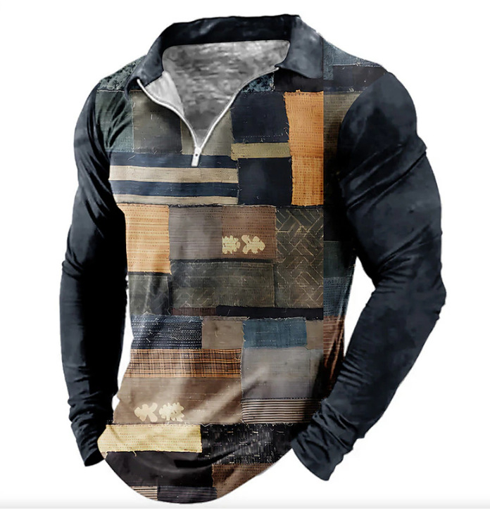 Új export Amazon határokon átnyúló ellátás 3D nyomtatott hajtókás hosszú ujjú cipzáras póló férfi hosszú ujjú póló férfi ruházat