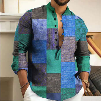 2025-ös, határokon átnyúló európai és amerikai tavaszi és őszi népszerű stílusú, könnyed, érett, hétköznapi geometrikus mintás, 3D nyomtatott, 7 gombos, állványos gallérral ellátott férfi ing