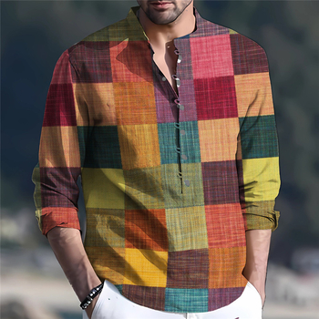 2025-ös, határokon átnyúló európai és amerikai tavaszi és őszi népszerű stílusú, könnyed, érett, hétköznapi geometrikus mintás, 3D nyomtatott, 7 gombos, állványos gallérral ellátott férfi ing