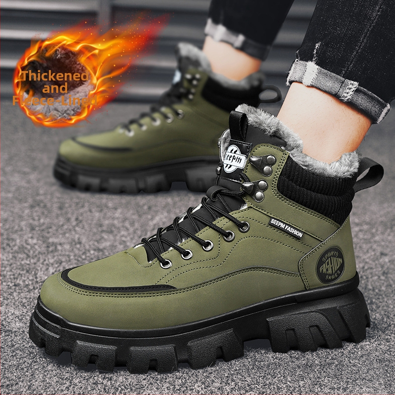 Мъжки ботуши Martin, зимни снежни ботуши 2024, с поларена подплата, топли, високи, работни ботуши в британски стил, универсални кожени мотоциклетни ботуши