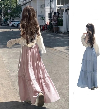 2024-es nyári új koreai viselet női hosszú ujjú naptej blúz sling ruha kétrészes szett