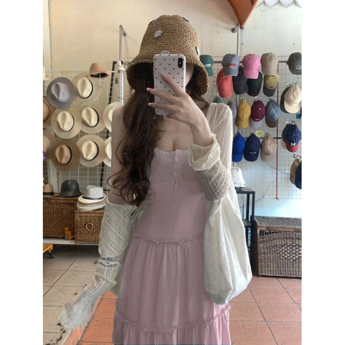 2024-es nyári új koreai viselet női hosszú ujjú naptej blúz sling ruha kétrészes szett