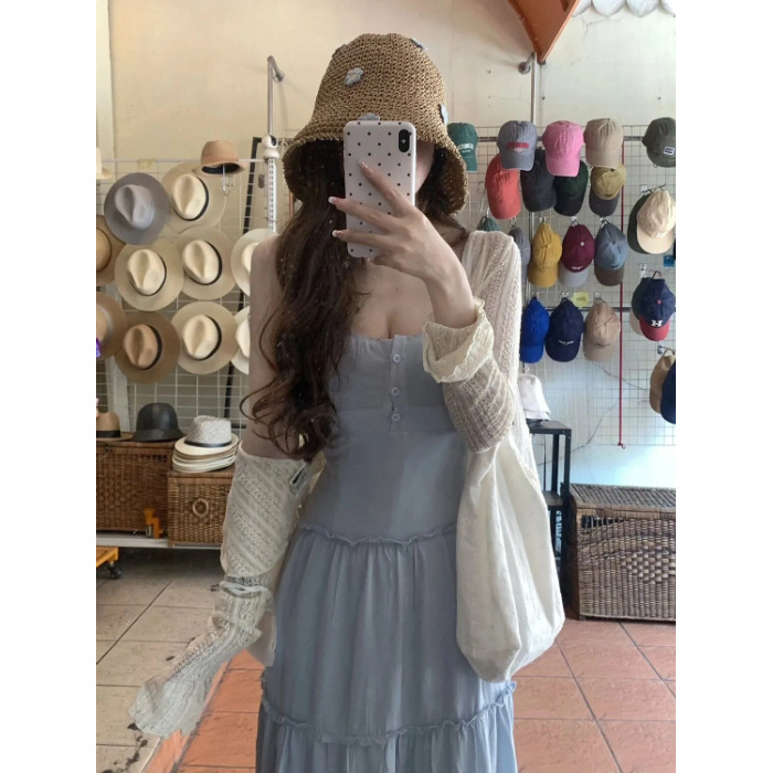 2024-es nyári új koreai viselet női hosszú ujjú naptej blúz sling ruha kétrészes szett