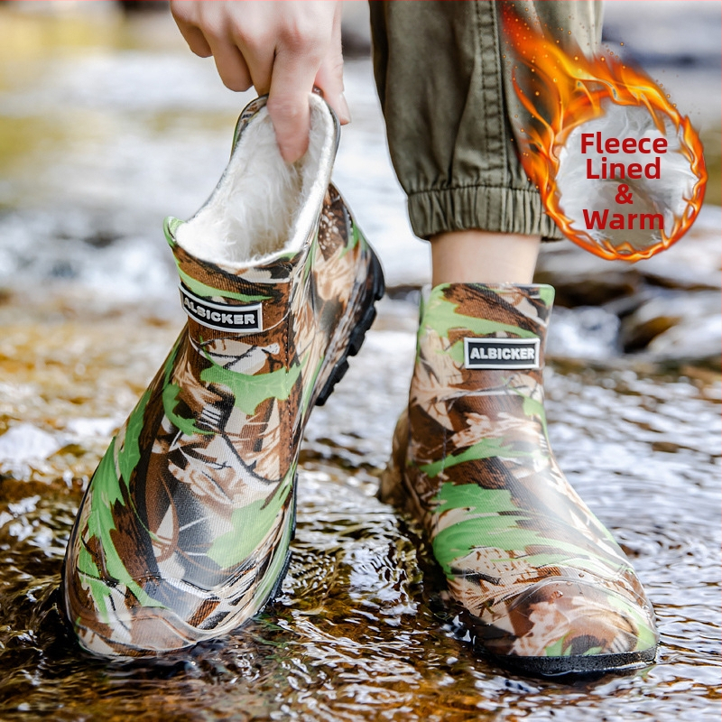 Нови мъжки къси гумени обувки за дъжд, камуфлажни, водоустойчиви обувки, неплъзгащи се, устойчиви на износване, външно облекло, ботуши за дъжд, топли интегрирани работни гумени обувки за мъже