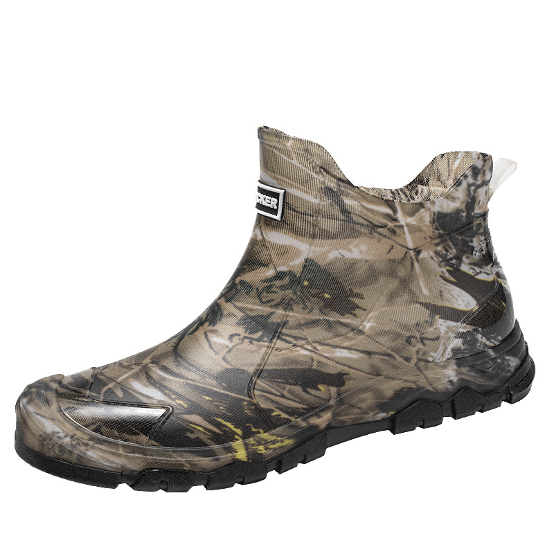Νέα ανδρικά παπούτσια βροχής με κοντό σωλήνα, αδιάβροχα παπούτσια καμουφλάζ, αντιολισθητικά, ανθεκτικά στη φθορά, ζεστά, ενσωματωμένα παπούτσια εργασίας από καουτσούκ για άνδρες