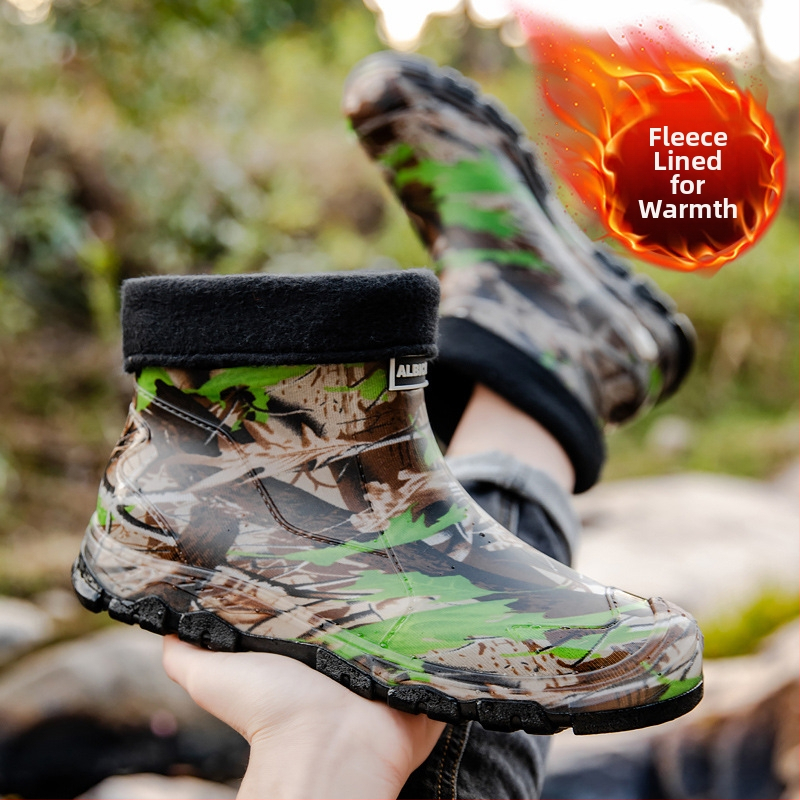 Νέα ανδρικά παπούτσια βροχής με κοντό σωλήνα, αδιάβροχα παπούτσια καμουφλάζ, αντιολισθητικά, ανθεκτικά στη φθορά, ζεστά, ενσωματωμένα παπούτσια εργασίας από καουτσούκ για άνδρες