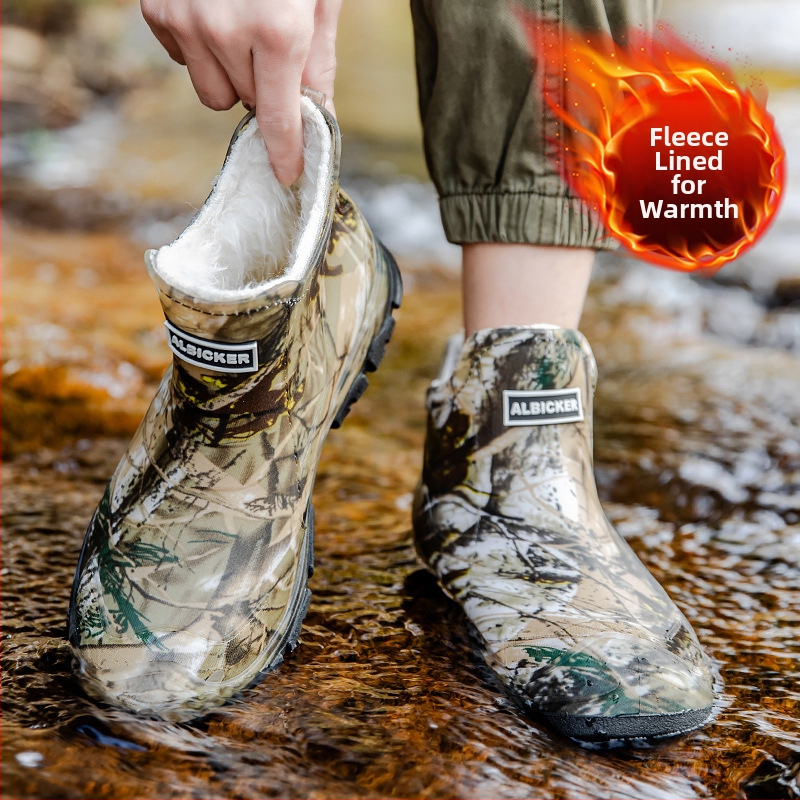 Νέα ανδρικά παπούτσια βροχής με κοντό σωλήνα, αδιάβροχα παπούτσια καμουφλάζ, αντιολισθητικά, ανθεκτικά στη φθορά, ζεστά, ενσωματωμένα παπούτσια εργασίας από καουτσούκ για άνδρες