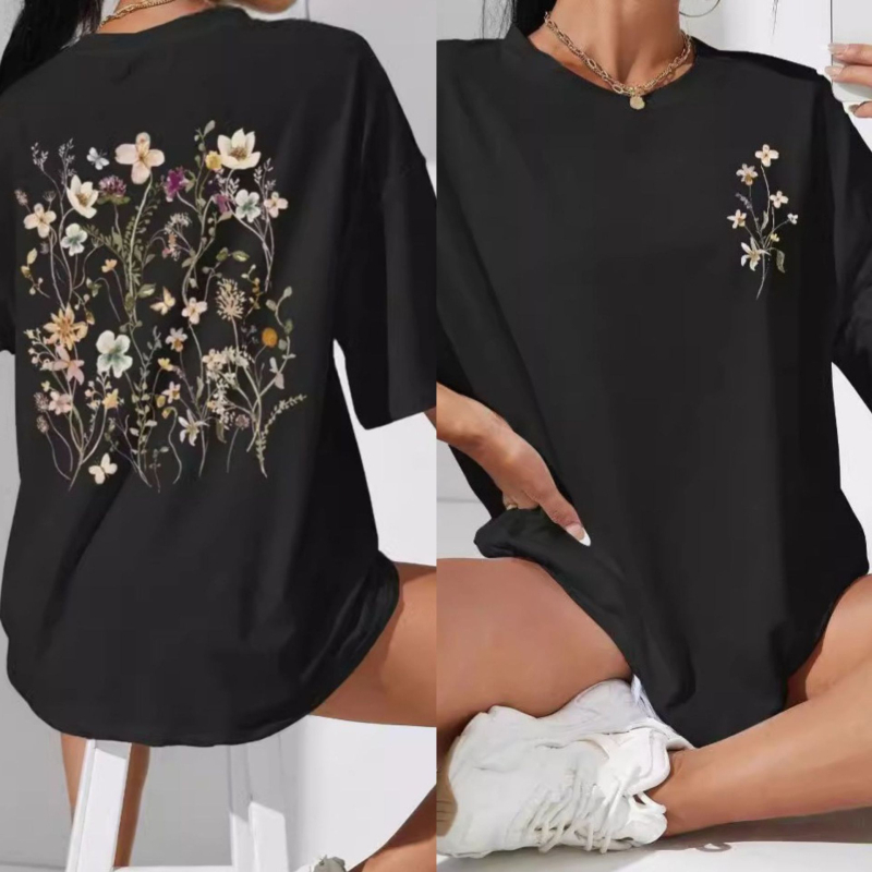 Határokon átnyúló külkereskedelmi laza pamut póló Női friss rajzfilmmintás rövid ujjú, lélegző, rövid ujjú felső, laza plus size póló