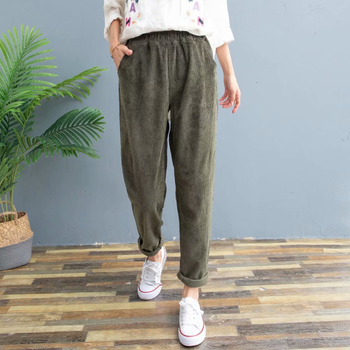 Jesen 8887 Ženske nove umjetničke elastične korduroy ženske hlače s elastičnim strukom, velike veličine, ležerne hlače za žene