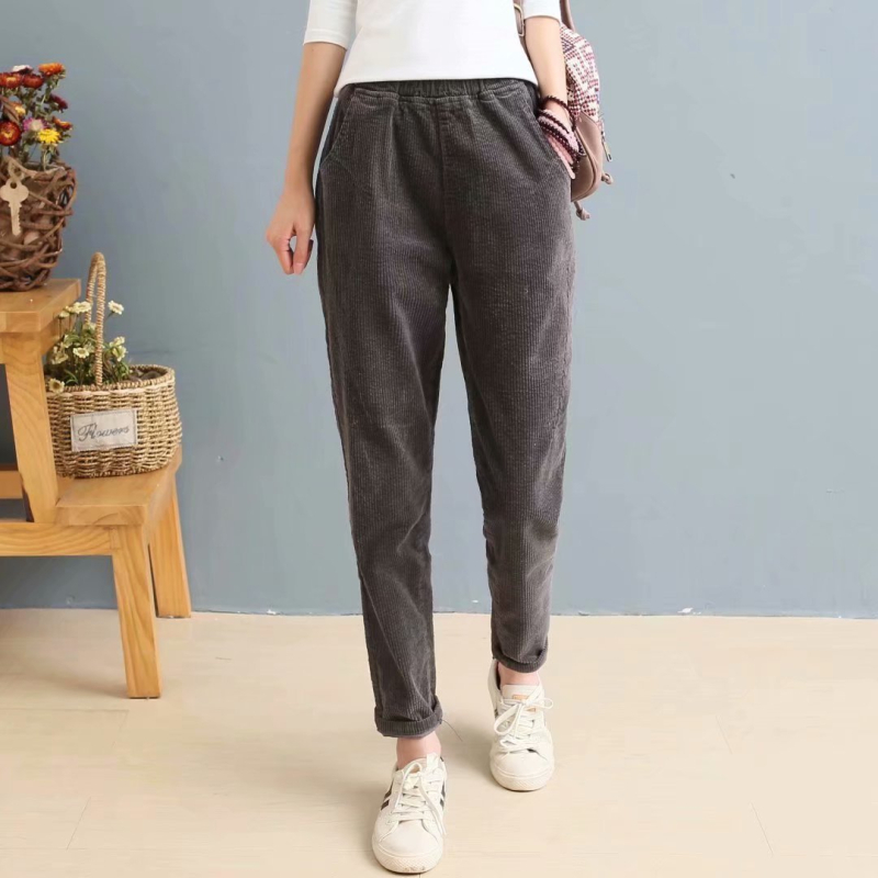 Jesen 8887 Ženske nove umjetničke elastične korduroy ženske hlače s elastičnim strukom, velike veličine, ležerne hlače za žene