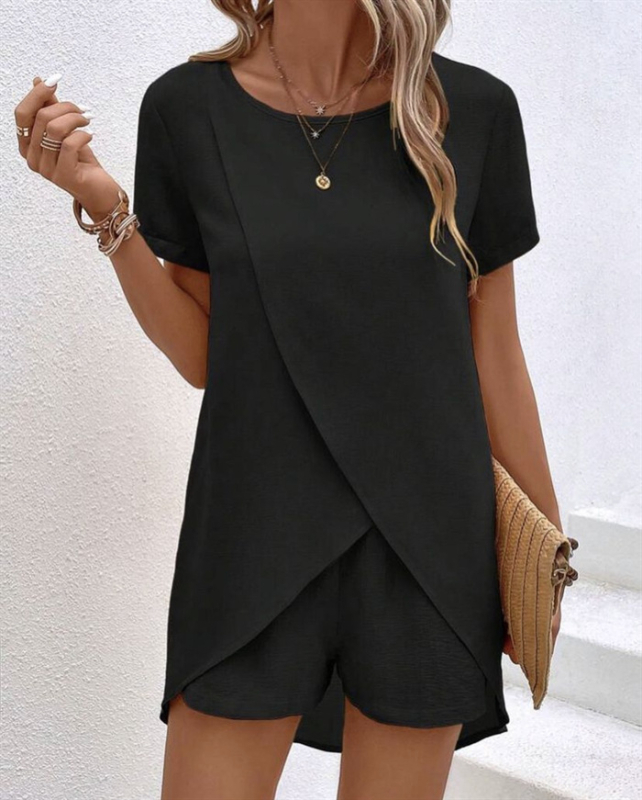 Costum de damă transfrontalier european și american de 24 de ani, Amazon, primăvară și vară, culoare solidă, cu pantaloni scurți neregulați, set din două piese