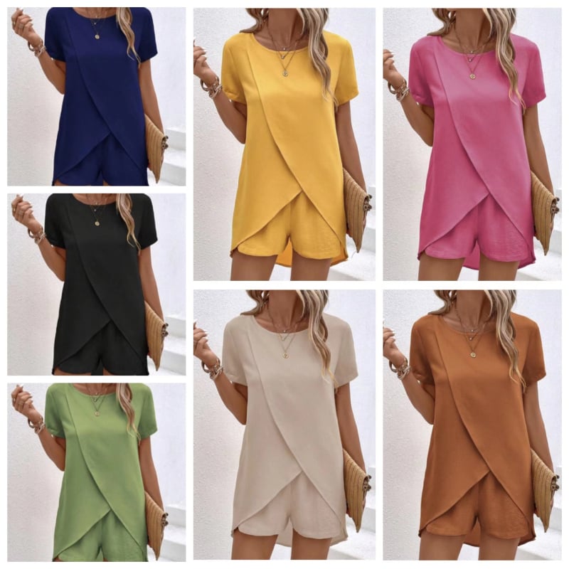 Costum de damă transfrontalier european și american de 24 de ani, Amazon, primăvară și vară, culoare solidă, cu pantaloni scurți neregulați, set din două piese