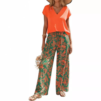 Îmbrăcăminte transfrontalieră europeană și americană Amazon Aliexpress 2025 Vara nouă Tricou cu guler în V Imprimat Pantaloni largi Costum la modă