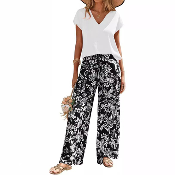 Îmbrăcăminte transfrontalieră europeană și americană Amazon Aliexpress 2025 Vara nouă Tricou cu guler în V Imprimat Pantaloni largi Costum la modă