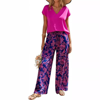 Îmbrăcăminte transfrontalieră europeană și americană Amazon Aliexpress 2025 Vara nouă Tricou cu guler în V Imprimat Pantaloni largi Costum la modă
