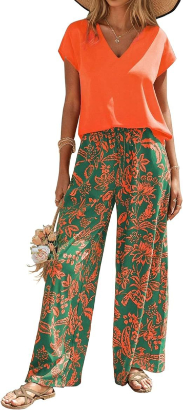 Îmbrăcăminte transfrontalieră europeană și americană Amazon Aliexpress 2025 Vara nouă Tricou cu guler în V Imprimat Pantaloni largi Costum la modă