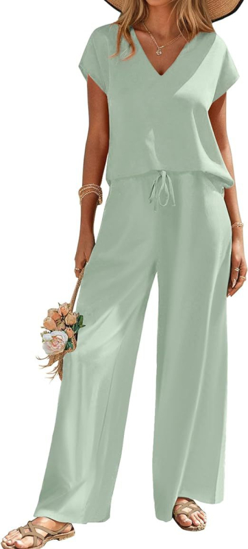 Îmbrăcăminte transfrontalieră europeană și americană Amazon Aliexpress 2025 Vara nouă Tricou cu guler în V Imprimat Pantaloni largi Costum la modă